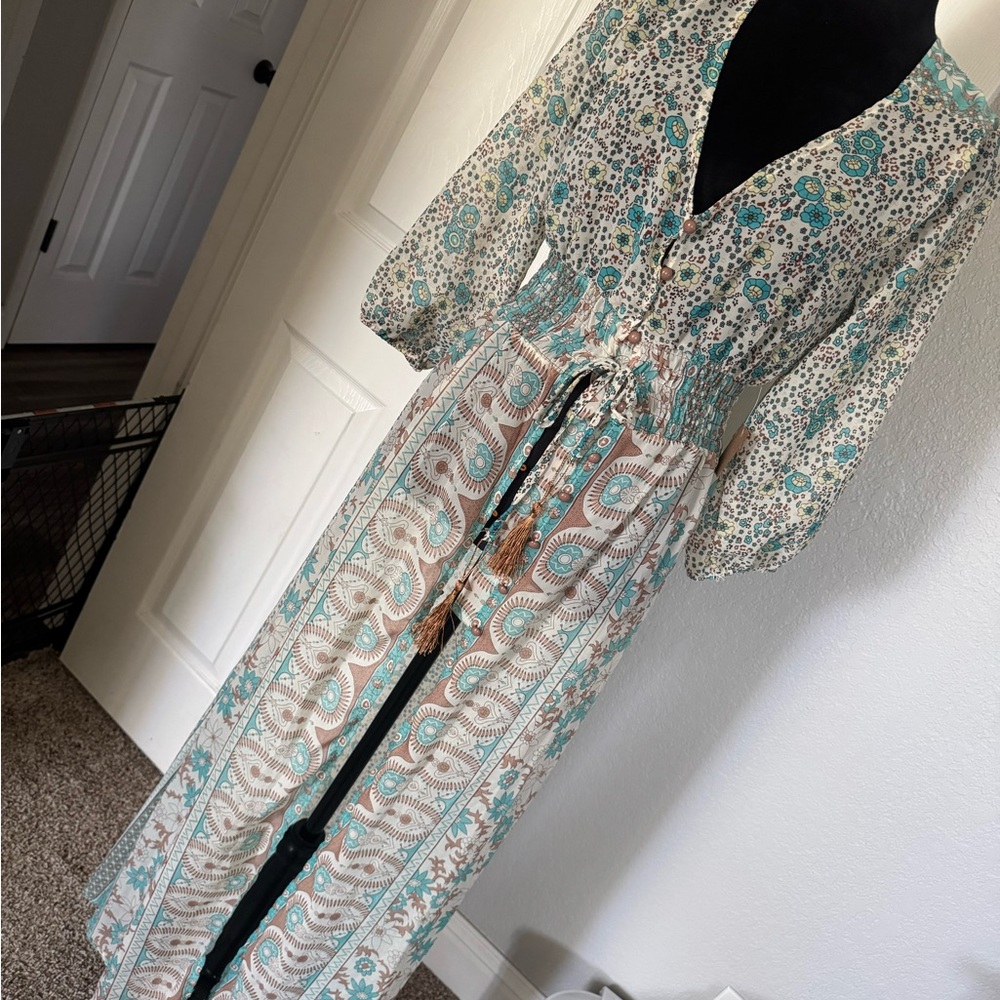 Floral Maxi Dress with Teal and Cream Pattern